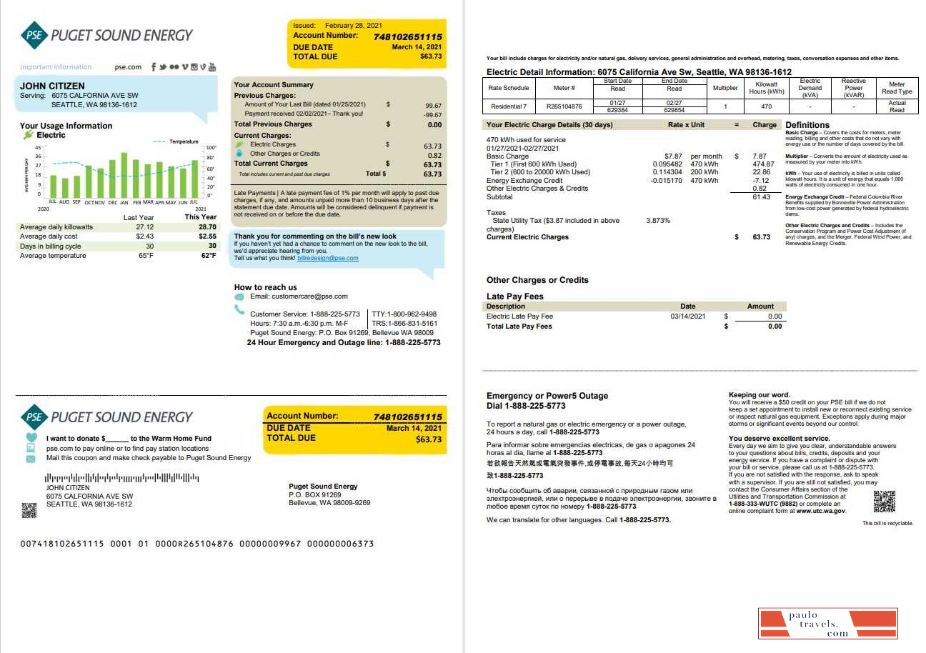 USA Washington Puget Sound Energy utility bill template in Word and PDF format, 2 pages, version 2